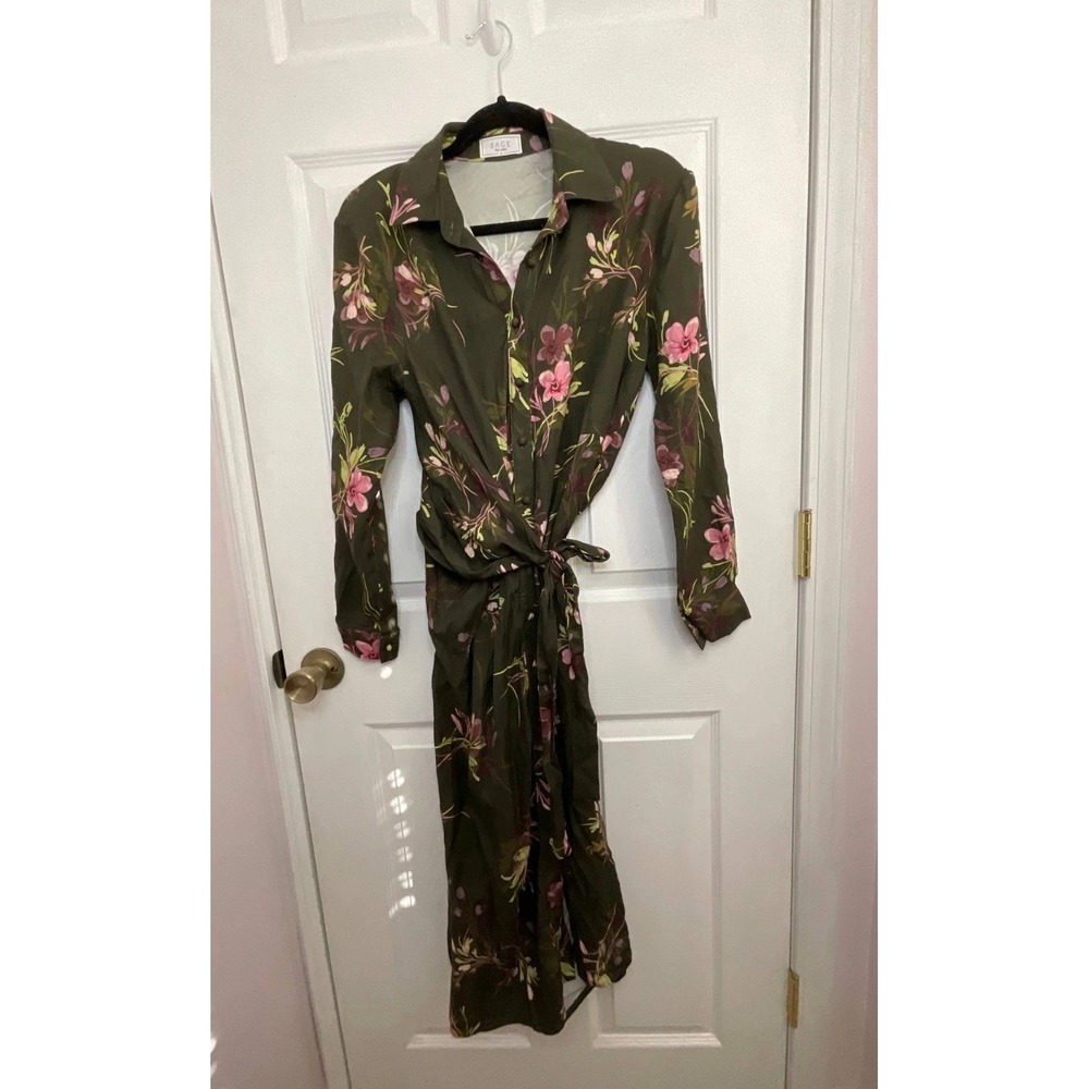 Sage Midi Shirt Dress Women's Small Green Floral Long Sleeve Waist-Belt Collared